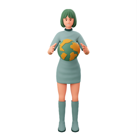 Girl Holding Globe In Her Hand 3D Illustration