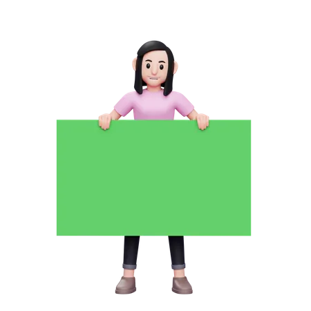 Girl Standing And Holding A Big Green Banner 3 D Character Illustration Casual Woman 3D Illustration