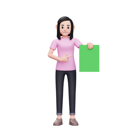 Girl holding green paper and pointing with finger 3D Illustration
