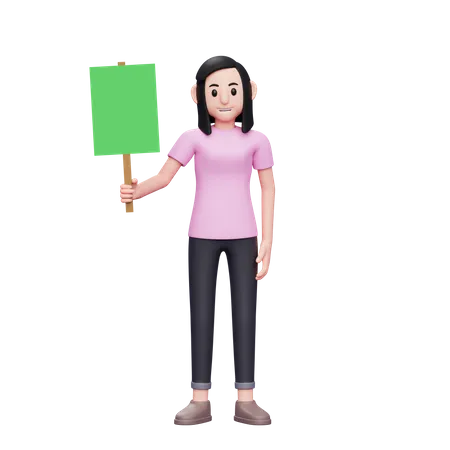 Girl Standing Holding Green Paper Placard With Right Hand 3 D Character Illustration Casual Woman 3D Illustration