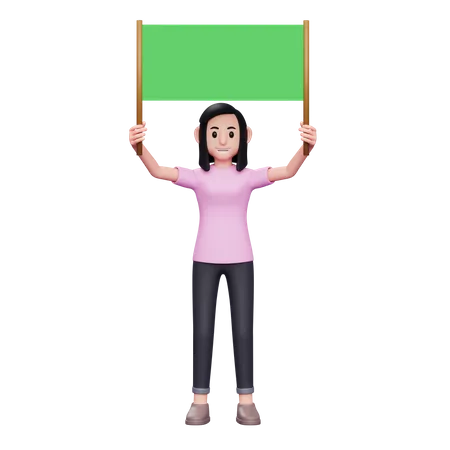 Girl Holding Green Placard With Both Hands 3 D Character Illustration Casual Woman 3D Illustration