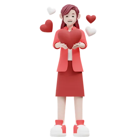 Girl Holding Heart  3D Illustration