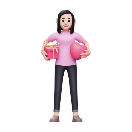 Girl holding heart and valentine gift  3D Icon