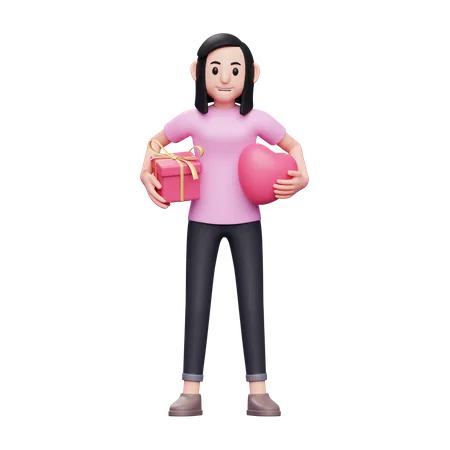 Girl holding heart and valentine gift  3D Illustration