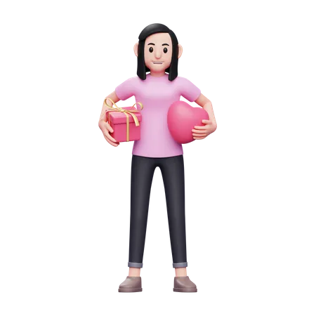 Girl Hugs Gifts And Heart Balloons With Both Hands For Valentines Day Celebration 3 D Character Illustration Valentines Day Concept 3D Illustration
