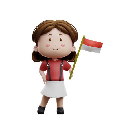 Girl Holding Indonesian Flag  3D Illustration