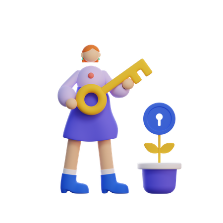 Girl holding key  3D Illustration