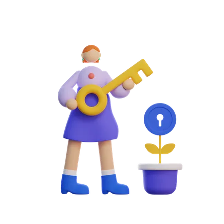 Girl holding key  3D Illustration