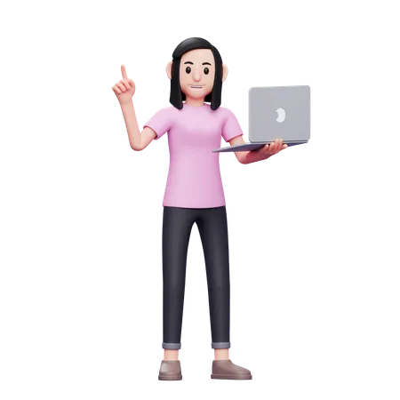 Girl Holding Laptop And Raising Finger Up Gets An Idea 3 D Render Character Illustration 3D Illustration