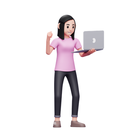 Girl holding laptop and celebrating success  3D Icon