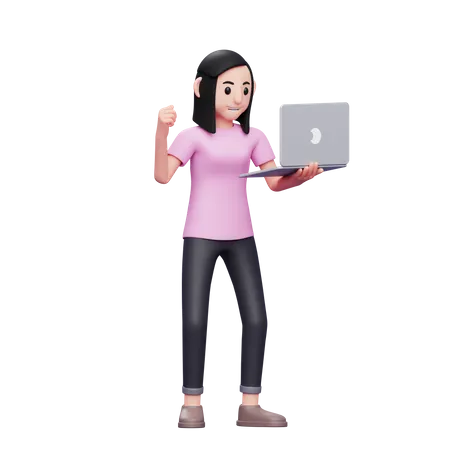 Girl holding laptop and celebrating success  3D Illustration