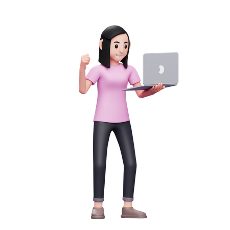 Girl holding laptop and celebrating success 3D Illustration