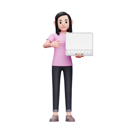 Girl holding laptop and pointing at laptop screen  3D Icon