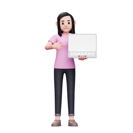 Girl holding laptop and pointing at laptop screen 3D Illustration