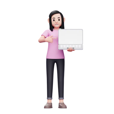 Girl holding laptop and pointing at laptop screen  3D Illustration