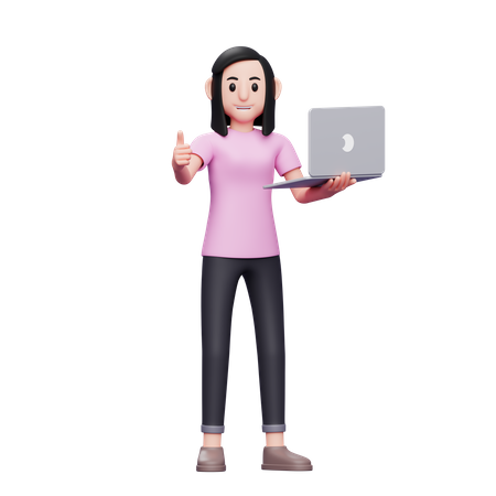 Girl holding laptop and showing thumbs up  3D Icon