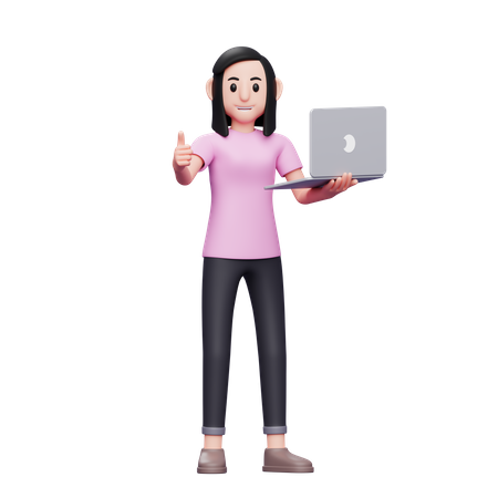 Girl holding laptop and showing thumbs up  3D Illustration