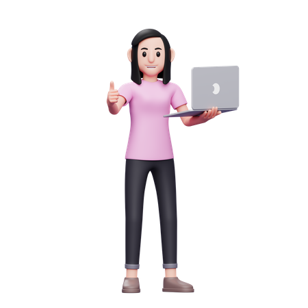 Girl holding laptop and showing thumbs up 3D Illustration