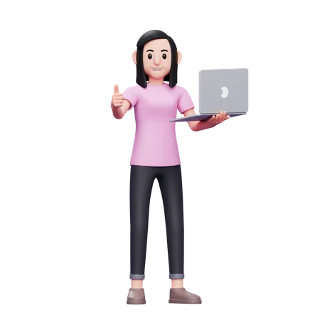 Girl holding laptop and showing thumbs up  3D Illustration
