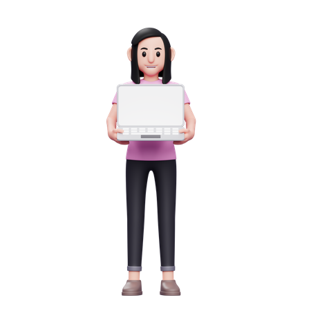 Girl holding laptop with both hands 3D Illustration