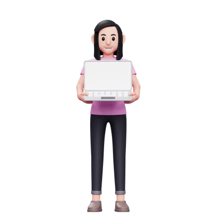 Girl holding laptop with both hands 3D Illustration
