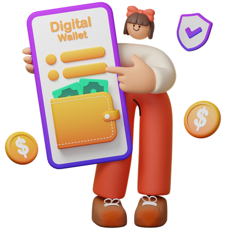 Girl Holding Mobile With Login To Digital Wallet  3D Illustration