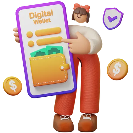 Girl Holding Mobile With Login To Digital Wallet  3D Illustration