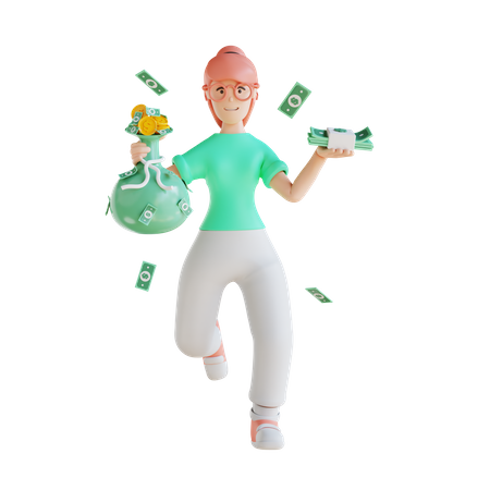 Girl holding money bag  3D Illustration