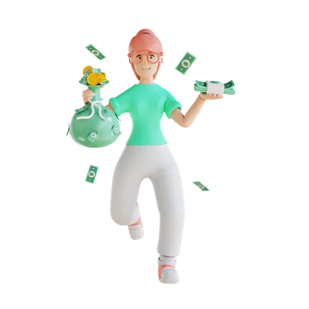 Girl holding money bag  3D Illustration