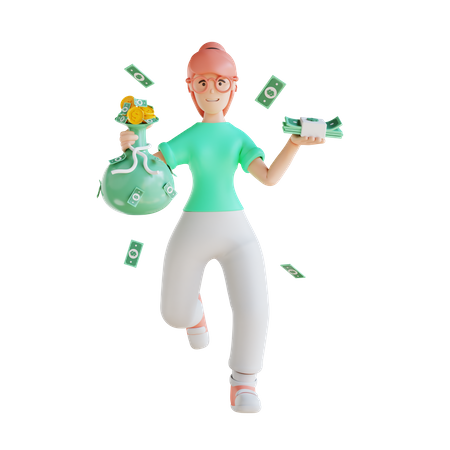 Girl holding money bag 3D Illustration