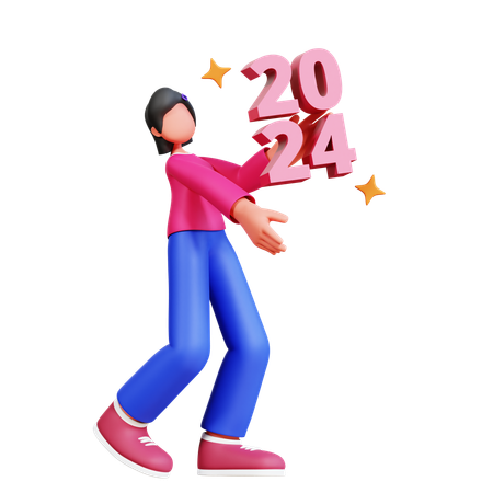 Girl Holding New Year 2024  3D Illustration