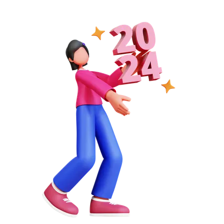 Girl Holding New Year 2024  3D Illustration