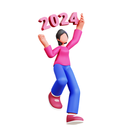 Girl Holding New Year 2024 Number  3D Illustration