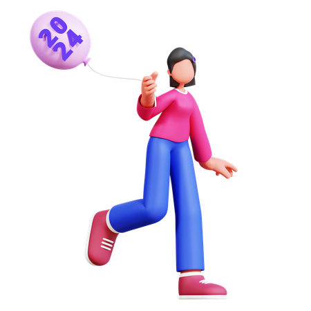Girl Holding New Year Balloon  3D Illustration
