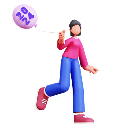 Girl Holding New Year Balloon  3D Illustration
