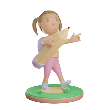 Girl holding pencil  3D Illustration