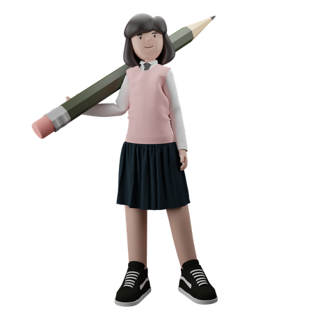Girl holding Pencil  3D Illustration