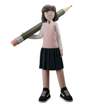 Girl holding Pencil  3D Illustration