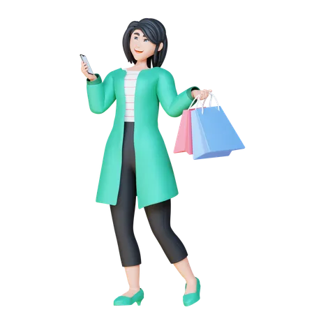 Girl Holding Phone And Shopping Bags  3D Illustration