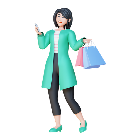 Girl Holding Phone And Shopping Bags  3D Illustration