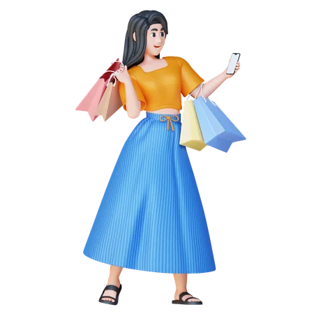 Girl Holding Phone With Shopping Bags  3D Illustration