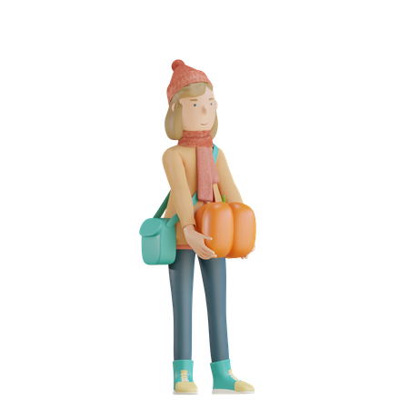 Girl Holding Pumpkin  3D Illustration