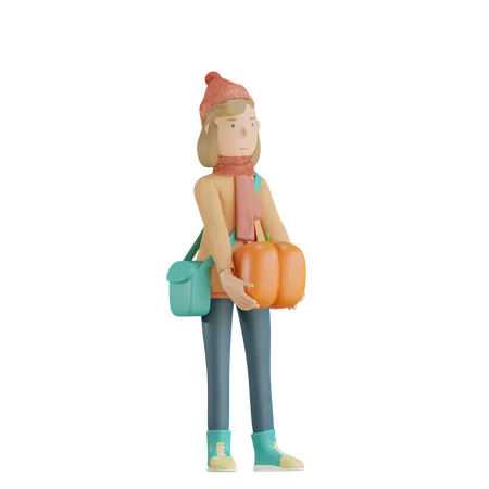 Girl Holding Pumpkin  3D Illustration