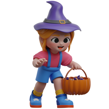 Girl Holding Pumpkin Basket  3D Illustration