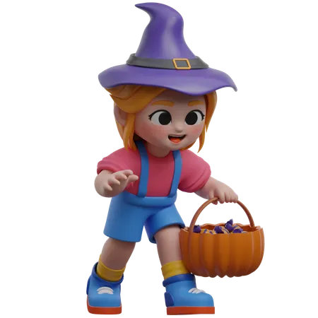 Girl Holding Pumpkin Basket  3D Illustration