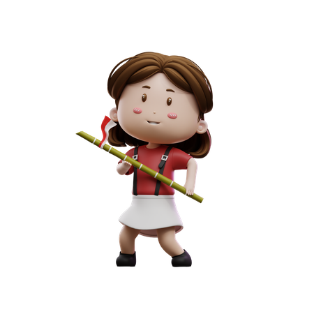 Girl Holding Sharp Bamboo  3D Icon