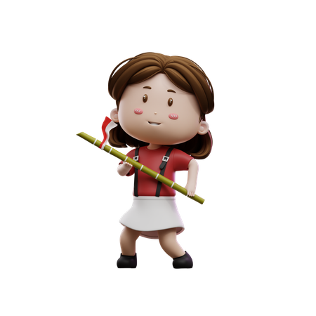 Girl Holding Sharp Bamboo  3D Illustration