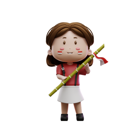 Girl Holding Sharp Bamboo  3D Illustration