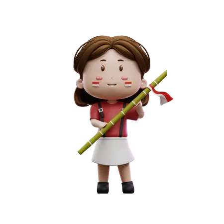 Girl Holding Sharp Bamboo  3D Illustration