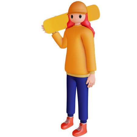 Girl Holding Skateboard 3D Icon